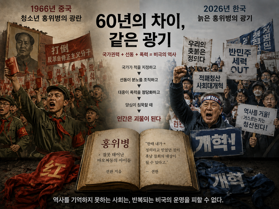 ▲ 모택동이 문화대혁명이란 그럴 듯한 이름을 붙인 피바다가 일어난지 60년이다. 그 당시 피빛 광기에 취해 광란극을 벌인 어린 애들도 이제 70대 노인이 됐다. 지금 한국엔 정신의 성숙이 정지된 늙은 홍위병들의 광란극이 한창이다. ⓒ 챗GPT