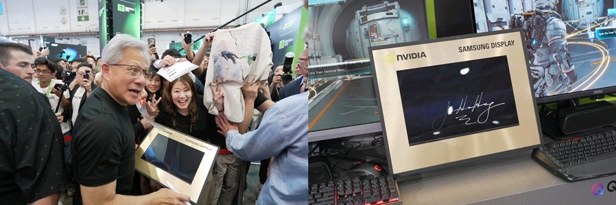 ▲ 젠슨 황 엔비디아 CEO가 노트북용 OLED 패널에 사인을 하는 모습ⓒ공동취재단