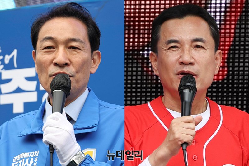 ▲ 더불어민주당 우상호 강원도지사 후보(좌)와 국민의힘 김진태 강원도지사 후보. ⓒ뉴데일리
