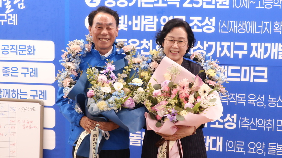 ▲ ⓒ장길선 구례군수 당선자는 박이경부인과 함께 구례군민들로부터 축하의 꽃다발을 전달받고있다_좌측 첫번째