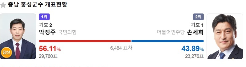 ▲ 홍성군수 투표 결과.ⓒ선거방송 캡처 화면