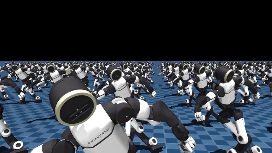 ▲ 시뮬레이션 환경에서 강화학습(Reinforcement Learning)을 통해 킥 동작을 수행하는 모습.ⓒ현대차그룹
