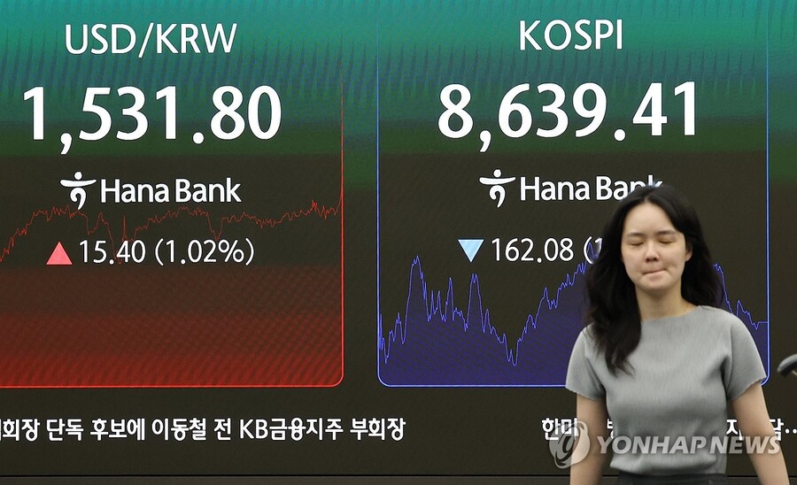 ▲ 4일 오후 서울 중구 하나은행 딜링룸 현황판에 코스피와 원/달러 환율이 표시되고 있다. ⓒ연합뉴스