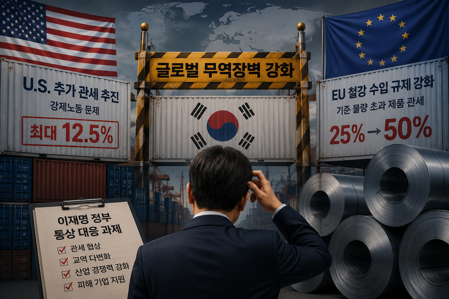 ▲ 미·유럽의 동시다발적 통상 압박과 정부의 외교적 시험대를 묘사한 AI 이미지. ⓒ챗GPT