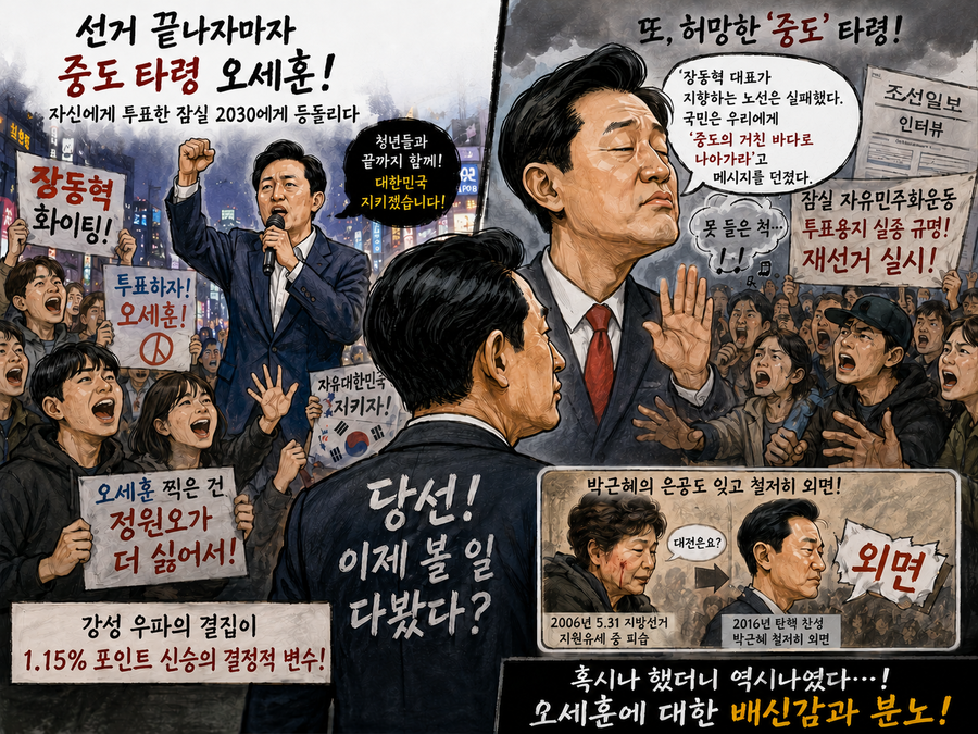 ▲ 혹시나 했더니 역시나다. 오세훈은 자신에게 투표한 우파를 버리려 한다. 화장실 나왔다는 건가. ⓒ 챗GPT