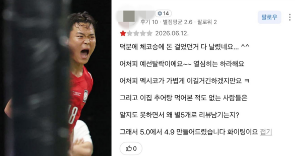 ▲ 오현규 선수의 가족이 운영하는 추어탕 전문점 온라인 리뷰 갈무리. ⓒ뉴시스