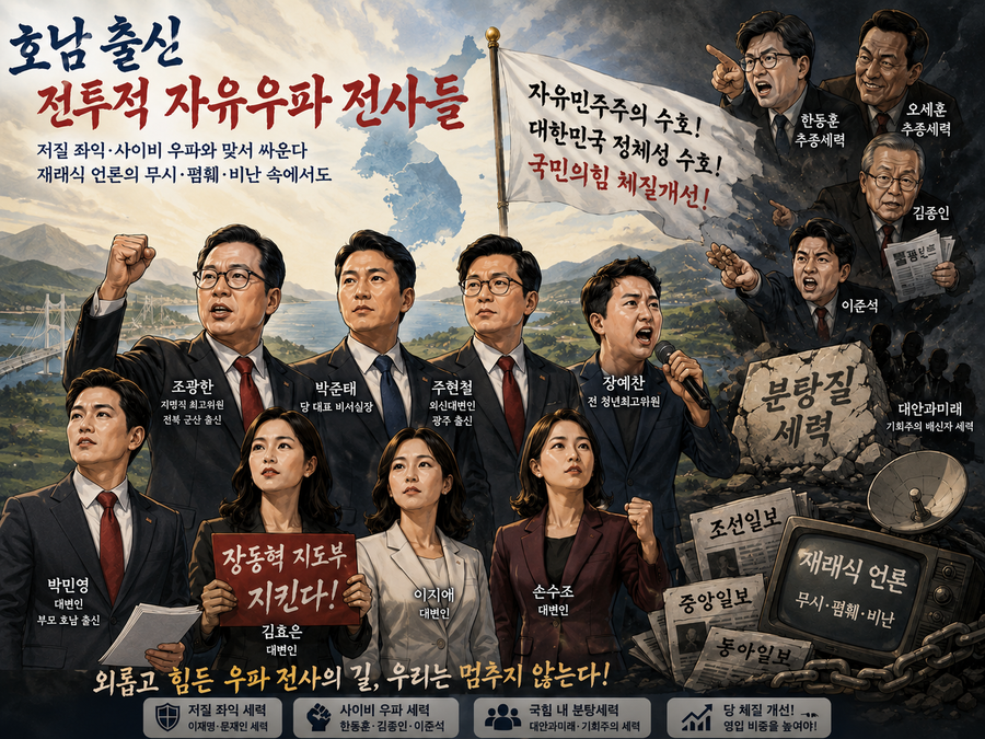 ▲ 호남 출신 전투적 자유우파 전사들에 관심과 촛점을 맞춰야 한다.《재래식 언론》은 이들을 극우로 폄훼하며 비난하고 있다. ⓒ 챗GPT