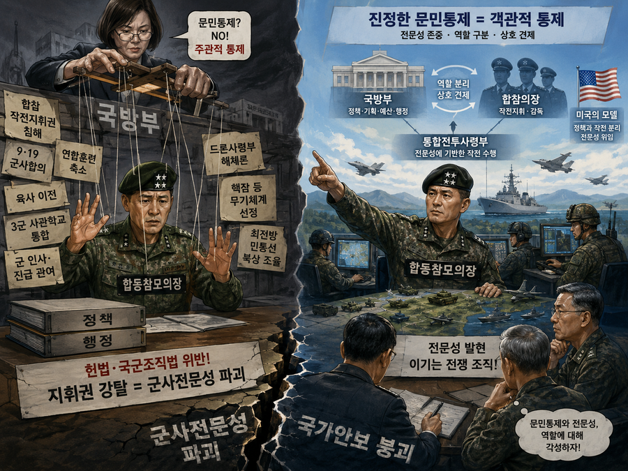 ▲ 군이 무너지고 있다. 국방부가 합참을 허수아비로 만들고 있다. 전쟁 나면 국방부가 싸우나? 국방부에 무슨 직할 부대, 직할 사령부가 그리 많나? ⓒ 챗GPT