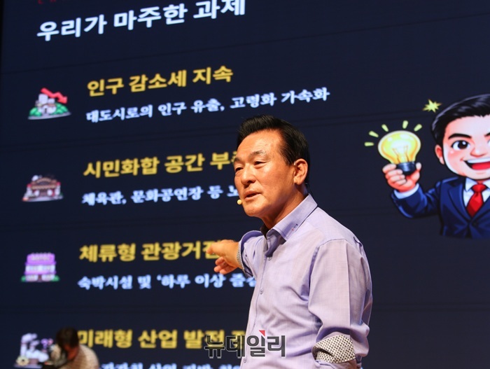 ▲ 백성현 논산시장이 1일 논산아트센터에서 열린 민선9기 취임식에서 프레젠테이션을 통해 국방국가산업단지 조성 계획 등 민선9기 핵심 시정 비전과 미래 발전 전략을 설명하고 있다.ⓒ이길표 기자