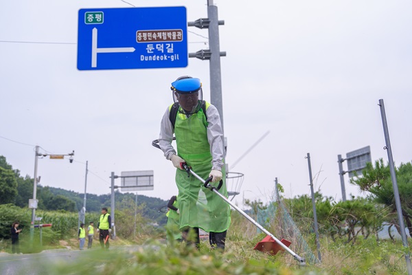 ▲ 이재영 증평군수가 1일 재선 임기 시작을 첫날 풀베기 활동으로 시작하고 있다.ⓒ증평군 제공