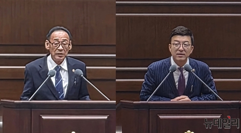▲ 심기보(왼쪽)·이태훈 충북도의회 신임 부의장이 1일 열린 제435회 충북도의회 임시회 제1차 본회의에서 부의장 당선 소감을 발표하고 있다. ⓒ표윤지 기자