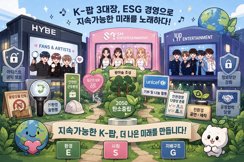 ▲ 하이브와 SM엔터테인먼트, JYP엔터테인먼트가 나란히 '2025 지속가능경영보고서'를 공개해 눈길을 끌고 있다. 하이브는 '팬과 아티스트 중심의 지속가능한 엔터테인먼트'를 전면에 내세웠고, 창립 30주년을 맞은 SM엔터테인먼트는 환경경영 체계를 한층 구체화했다. 국내 엔터테인먼트 업계 최초로 지속가능경영보고서를 발간한 JYP엔터테인먼트는 정보보안 및 개인정보 보호, 인권경영과 다양성 존중, 파트너사와의 공정협력, 아티스트 육성 및 지원을 올해의 네 가지 핵심 이슈로 선정했다. ⓒ챗GPT 생성 이미지