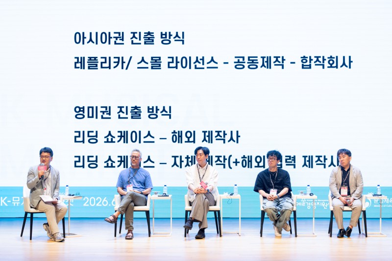 ▲ 지난 1일 서울 강남구 코엑스에서 열린 '2026 K-뮤지컬 국제마켓' 포럼(왼쪽부터 박병성 뮤지컬 칼럼니스트, 유인수 연우무대 대표, 다미로 낭만바리케이트 대표·작곡가, 이헌재 주식회사 네오 대표이사·프로듀서, 강병원 라이브 대표·프로듀서).ⓒ예술경영지원센터