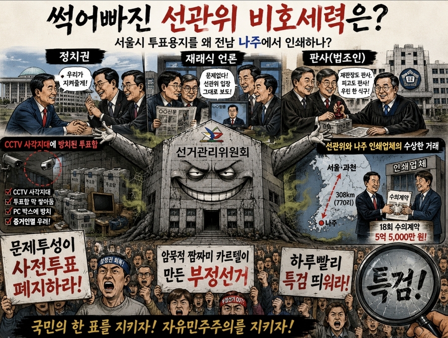 ▲ 선관위는 신성불가침? 대법관-지방법원장 등 선관위 수장은 허수아비 바지사장? 문재인 지명 조해주, 이재명 지명 위철환 등 정치색 짙은 좌편향 상임위원이 사실상 최고 실력자! 정계-재래식 언론-판사로 짜여진 암묵적 카르텔은 선관위 배후 비호세력! 야당주도 특검 수사만이 정답이다. ⓒ 챗GPT