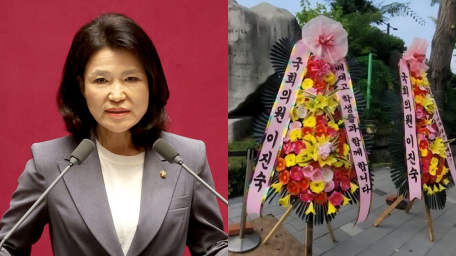 ▲ 지난 6월 5일 국회에서 열린 본회의에서 선서한 뒤 인사말하는 이진숙 국민의힘 의원(왼쪽)과 이 의원이 배재고에 보낸 응원 화환. ⓒ뉴데일리·이진숙 의원 페이스북 캡처