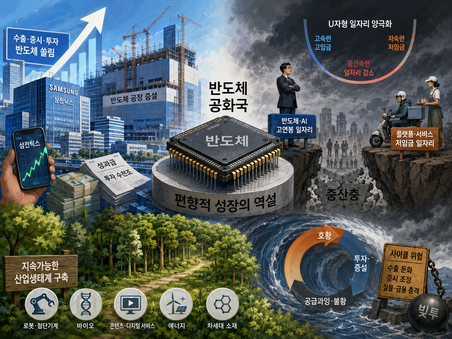 ▲ 잘나갈 때 조심해야 한다. 온 나라가 온통 반도체 얘기로 떠들썩 하다. 반도체 호황은 기쁜 일이지만, 반도체 산업 편향은 경계해야 한다. ⓒ 챗GPT