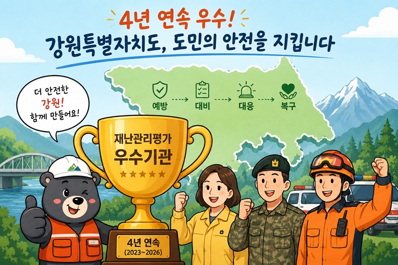 ▲ 강원특별자치도(도지사 우상호)가 행정안전부가 실시한 2026년(2025년 실적) 재난관리평가에서 우수기관으로 선정되며 2023년부터 2026년까지 4년 연속 우수기관에 이름을 올렸다. 재난관리평가는 전국 재난관리 책임기관을 대상으로 재난의 예방·대비·대응·복구 전 과정에 대한 역량을 종합적으로 평가하는 정부의 대표적인 재난관리 평가제도다. ⓒ챗GPT 생성 이미지