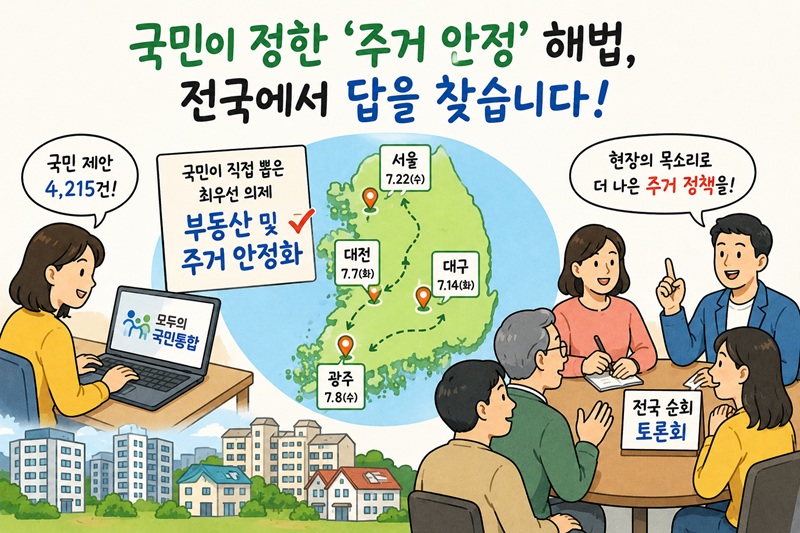 ▲ 대통령 직속 국민통합위원회가 국민이 직접 제안하고 선택한 경제양극화 과제를 해결하기 위해 본격적인 전국 순회 토론회에 나선다. 통합위는 경제양극화 해소를 위한 현장형 국민대화 핵심 의제로 국민의 최대 관심사인 '부동산 및 주거 안정화'를 선정했다. ⓒ챗GPT 생성 이미지