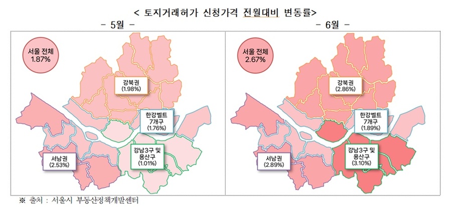 ▲ 서울 권역별 토지거래허가 신청 가격 전월 대비 변동률 ⓒ서울시