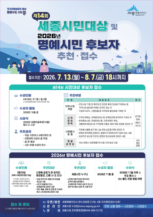 ▲ 제14회 세종시민대상 및 2026년 명예시민 후보자 추천 홍보 포스터.
ⓒ세종시