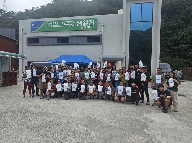 ▲ 농협 강원본부와 강원특별자치도가 공동 주관해 도내 24개 농협, 외국인 계절근로자 770여 명에게 식염포도당, 쿨마스크, 쿨스카프, 쿨토시 등 폭염 대응에 실질적으로 도움이 되는 물품을 배부했다. ⓒ농협 강원본부