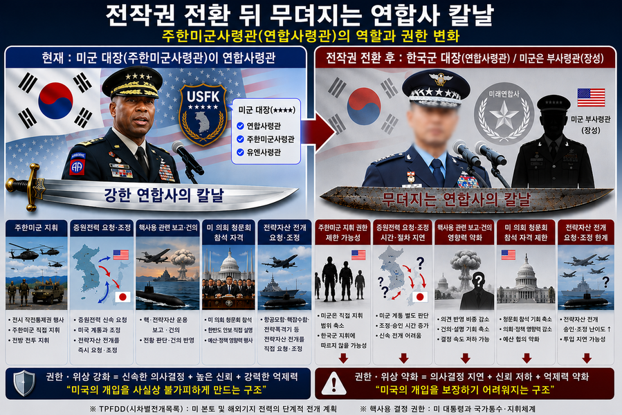 ▲ 전시작전통제권 전환 전과 후의 무뎌지는 한미연합사의 칼날 비교.(ChatGPT 2026. 7. 16)