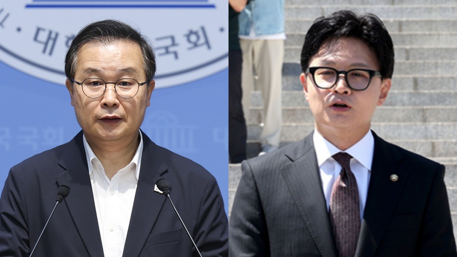 ▲ 지난 9일 오전 서울 여의도 국회 소통관에서 기자회견을 하고 있는 이건태(왼쪽) 더불어민주당 의원과 지난달 5일 오후 국회 앞에서 기자회견을 하고 있는 한동훈 무소속 의원. ⓒ뉴시스, 뉴데일리
