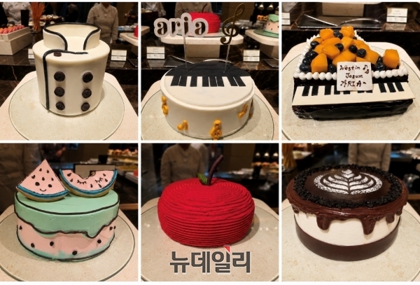 ▲ 셰프 조리복과 피아노를 형상화한 케이크, 수박 모양 케이크 등 아리아의 시그니처 케이크들.ⓒ최신혜 기자