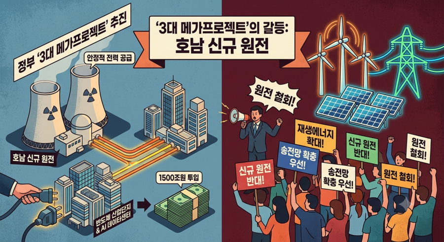 ▲ 호남 반도체 클러스터와 신규 원전 추진 갈등 관련 AI 이미지. ⓒ제미나이
