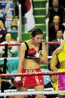 [포토]태극기 앞의 최현미(WBC 7차 방어전)