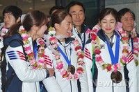[포토]소치 올림픽 선수단 귀국 박승희-이상화-김연아, 환희의 미소