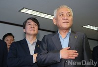 [포토]경례하는 김한길-안철수 공동대표