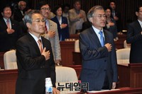 [포토] 국민의례하는 새정치민주연합 문재인-우윤근