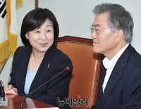 [포토] 새정치 문재인 대표 바라보는 정의당 심상정 대표