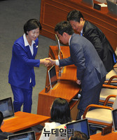 [포토] 동료의원들과 인사 나누는 더불어민주당 추미애 대표