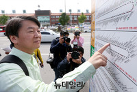 [포토] 다음 행선지 버스노선 확인하는 안철수 후보