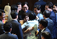 [포토] 김명수 대법원장 후보자 임명동의안 통과에 환호하는 더불어민주당