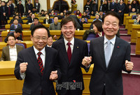 [포토] 자유한국당 원내대표 단일 후보 놓고 모인 이주영-조경태-한선교