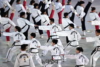 [포토] 태권도 시범 보이는 남북 합동 공연단