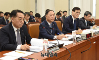 [포토] 국회 정무위 전체회의 참석한 홍남기-최종구-이동걸-황록