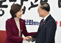 [포토] 악수 나누는 나경원 원내대표와 홍남기 부총리
