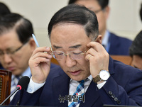 [포토] 안경 고쳐 쓰는 홍남기 경제부총리