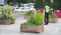 [포토] '3차 천막' 막으려 광화문 광장에 꽃화분 추가 설치