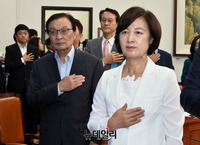 [포토] 민주당 일본경제보복대책특위, 국민의례하는 '이해찬-추미애'