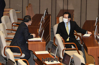 [포토] 국회 본회의 참석한 '정세균-홍남기'