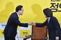 [포토] 주먹인사 나누는 심상정-주호영