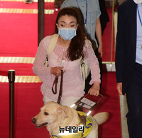 [포토] 맹인 안내견 조이와 함께 등원하는 김예지 통합당 의원