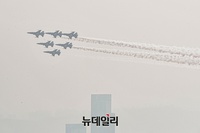 [포토] 뿌연 도심 속 추모비행하는 블랙이글스