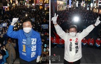 [포토] 김영춘-박형준, 부산시장 보궐선거 하루 전 마지막 유세