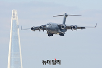 [포토] 서울 아덱스, 아프간에 투입된 美 C-17 수송기 기동 시범